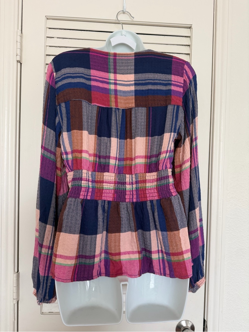 Pilcro Anthropologie Plaid Boho Peplum Top V-Neck Smocked Waist Cottagecore S - Picture 7 of 11